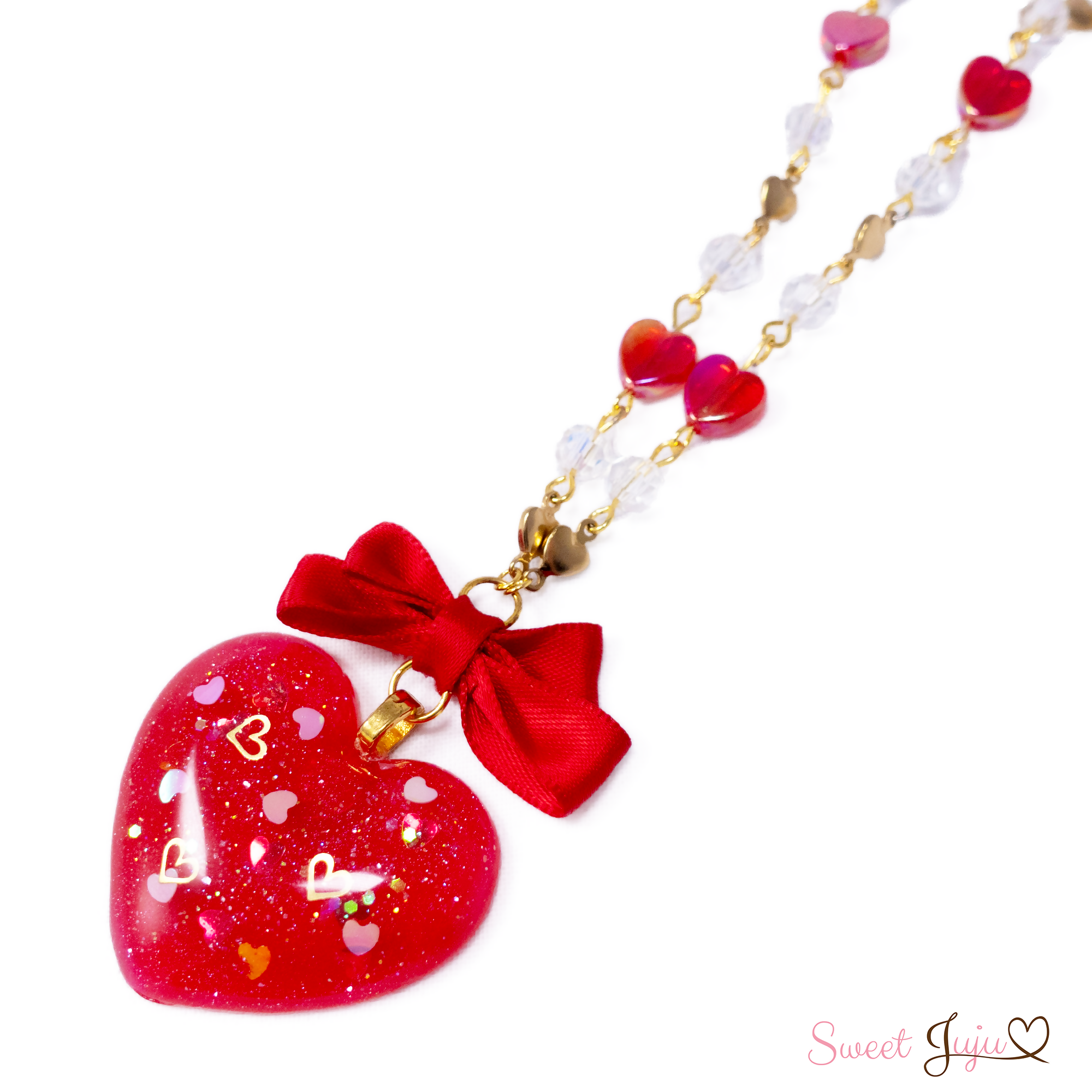 lovely glitter heart necklace red