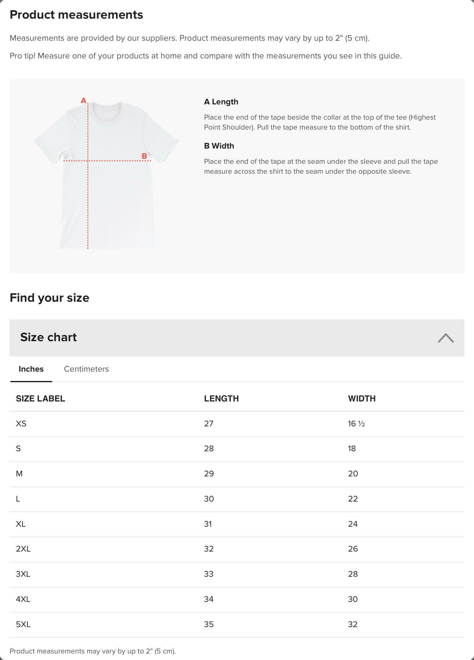 Size Guide Tees Inch