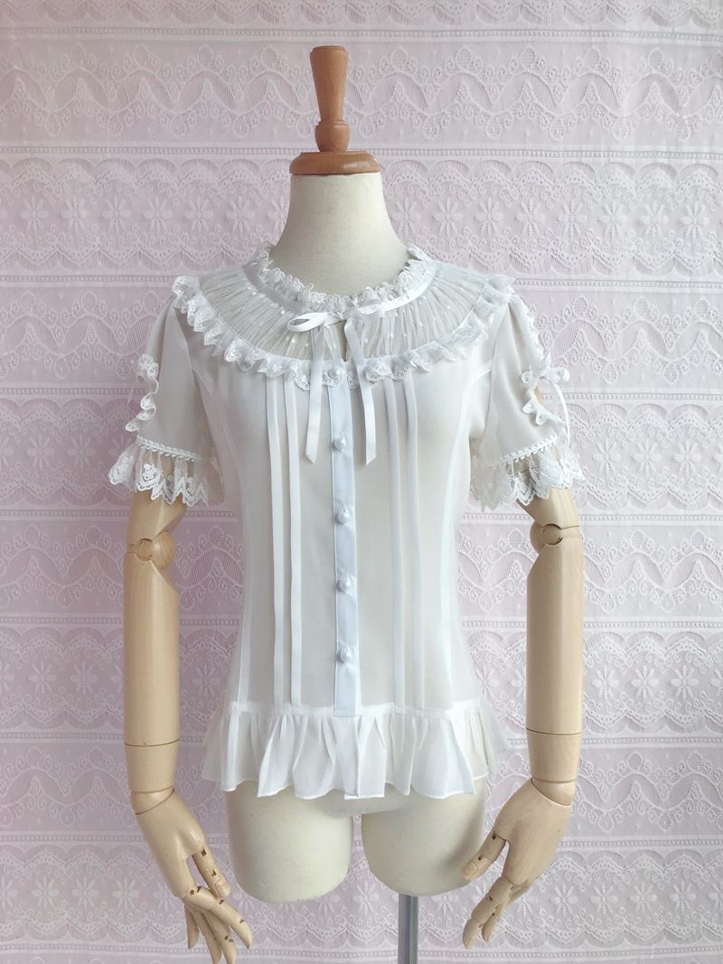 Instant Shipping! Ruffled Collar Short Sleeve With Heart Cut Outs Blouse