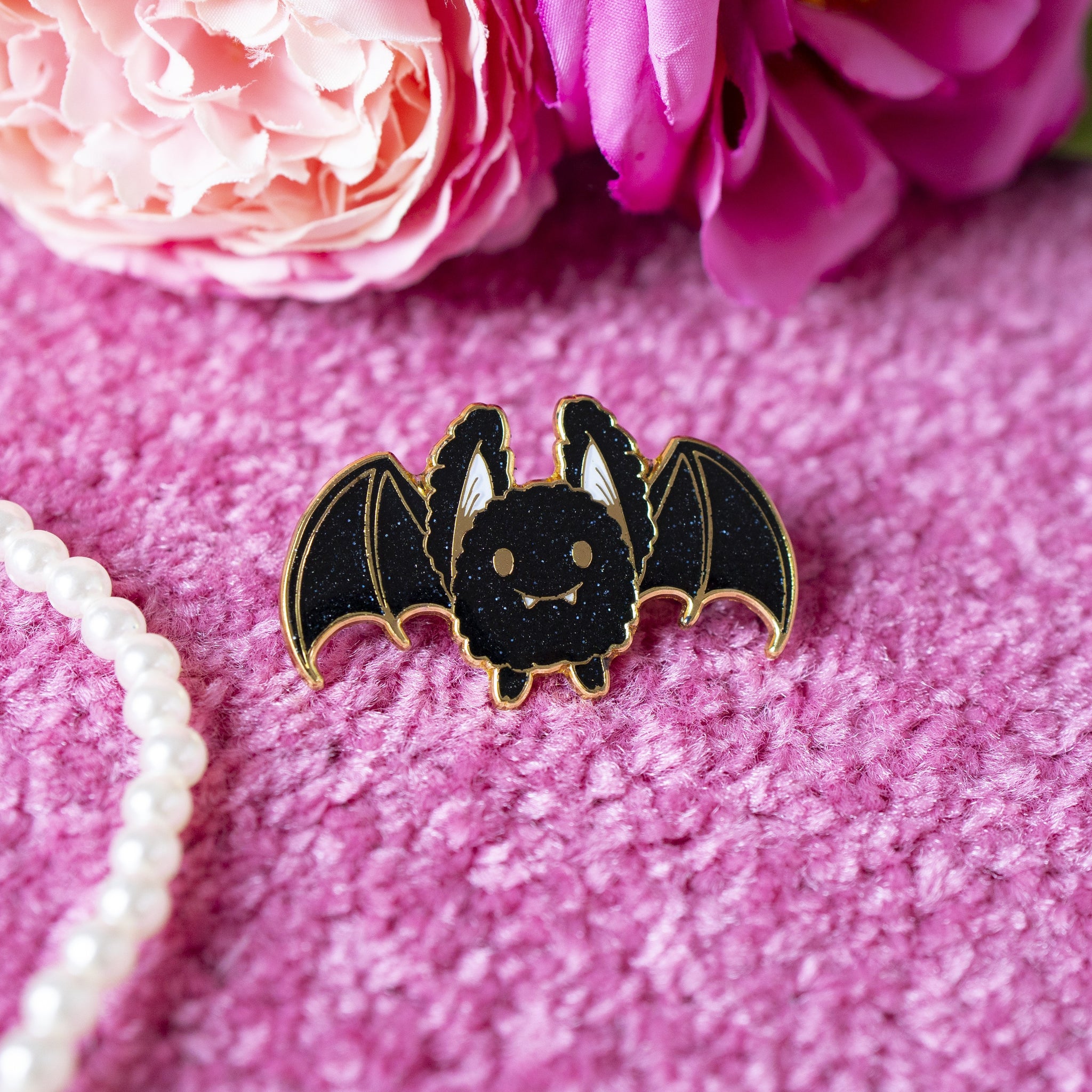 Fluffy Bat Pin (Black Glitter Edition)